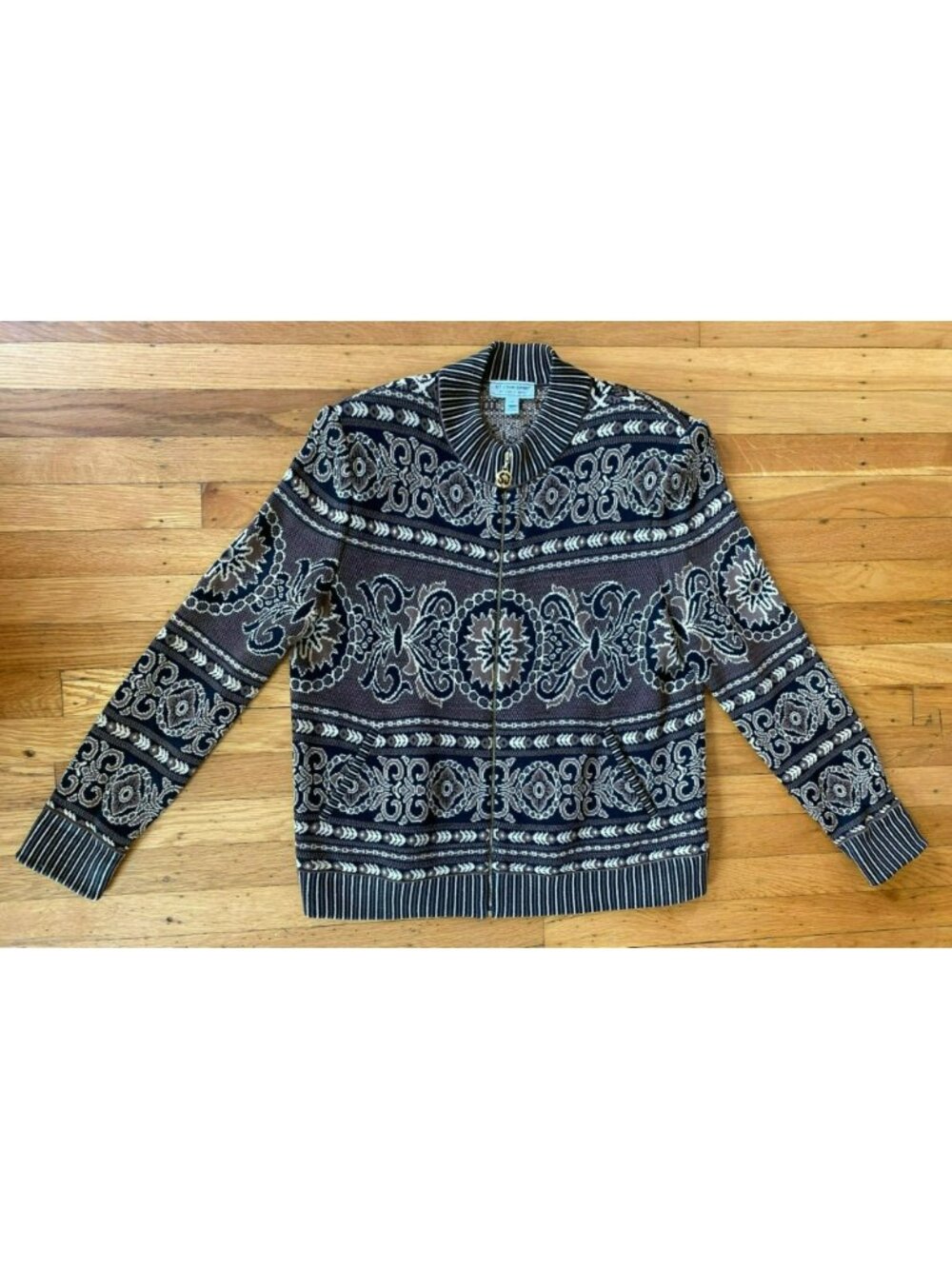 St John Sport Long Sleeve Cardigan Full Zip Brown Black Ikat Print Medium - Picture 7 of 8